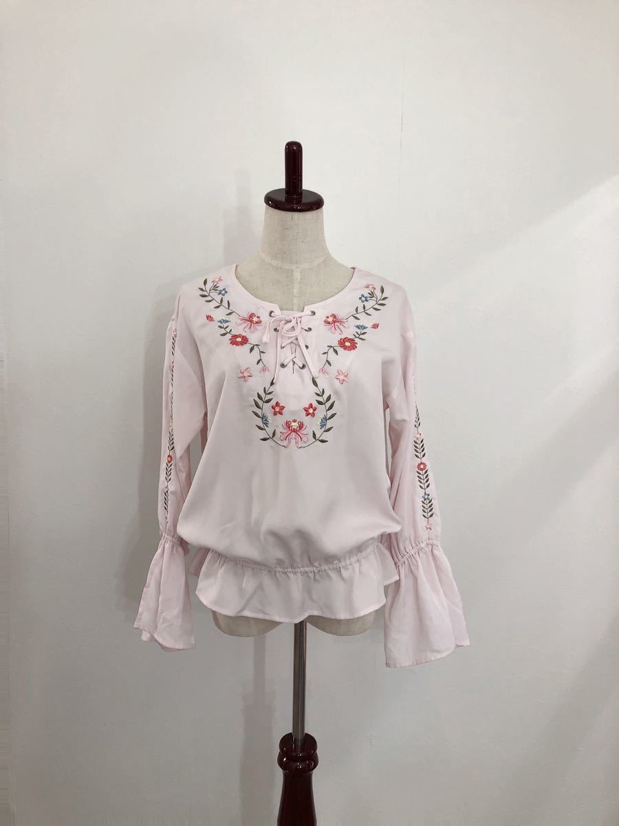Paypayフリマ ボヘミアン トップス ピンク 花刺繍 Paypayフリマ ボヘミアン トップス ピンク 花刺繍