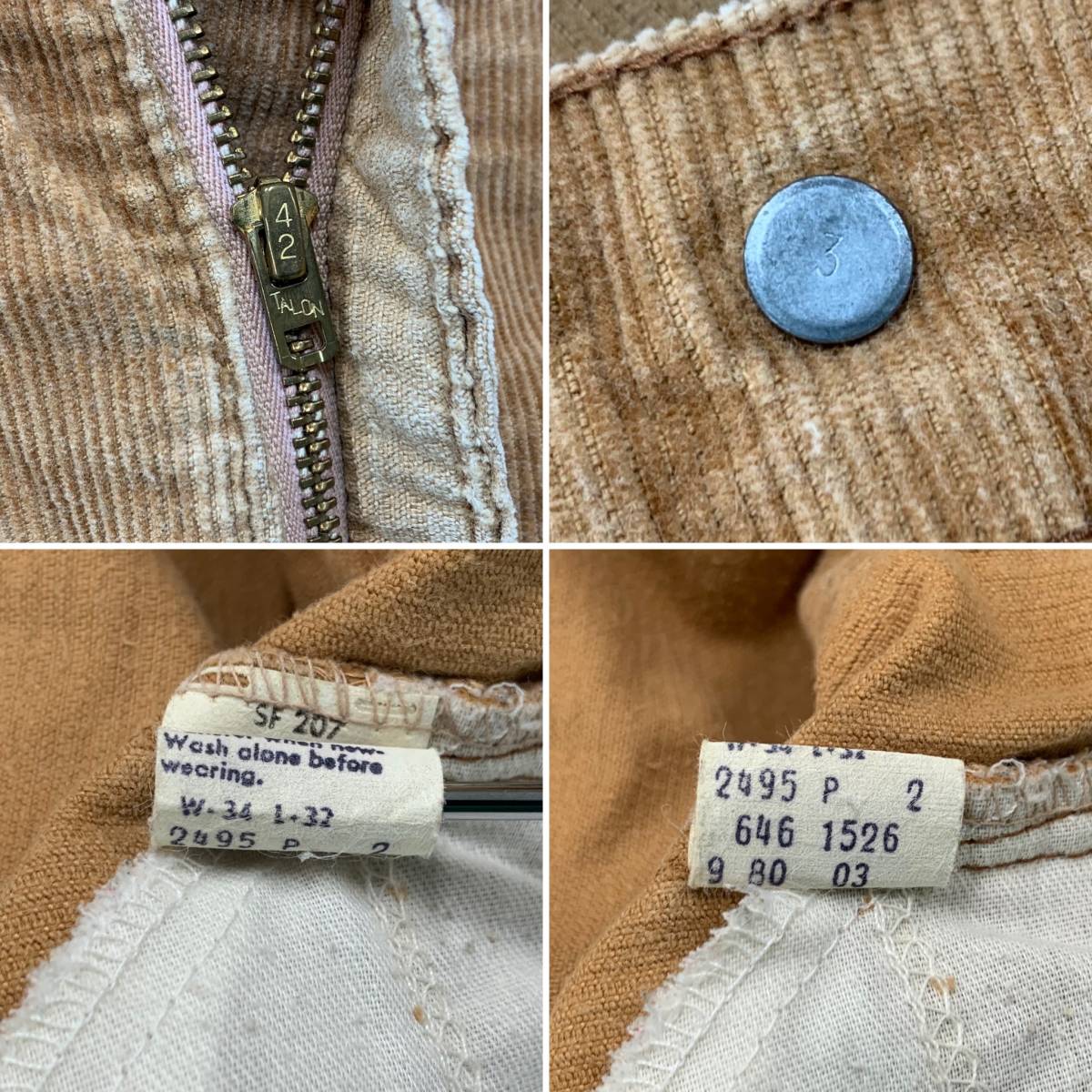 リーバイス コーデュロイ W34 42TALON ボタン裏3 MADE IN USA リーバイス コーデュロイ W34 42TALON ボタン裏3 MADE IN USA