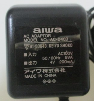 ∂ 316　ACアダプタ aiwa / アイワ『4V / 200mA / AC-D403 / 外径 約4.0mm / 内径 約1.5mm』 アダプター_画像2