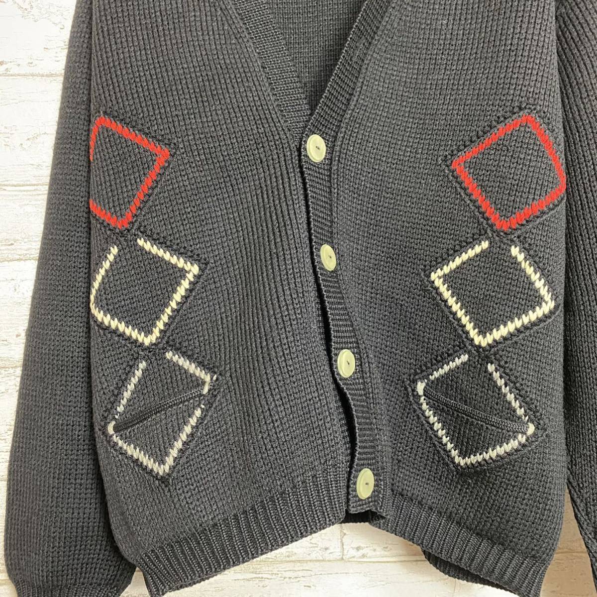 50\'s 60\'s Vintage cardigan knitted black L size a-ga il pattern rockabilly Italy made rare 