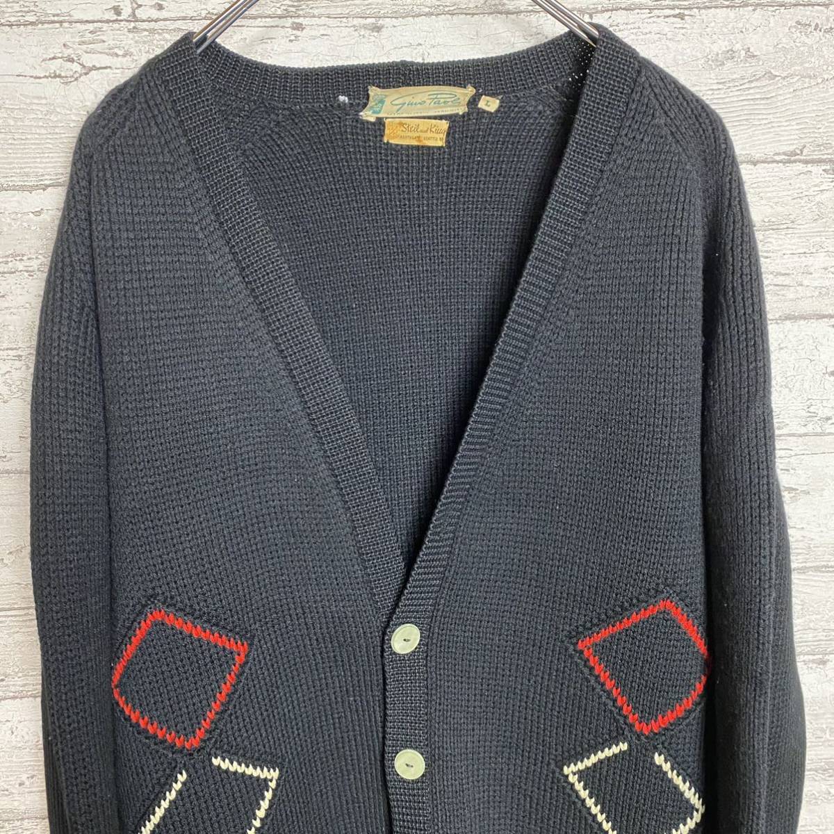 50\'s 60\'s Vintage cardigan knitted black L size a-ga il pattern rockabilly Italy made rare 