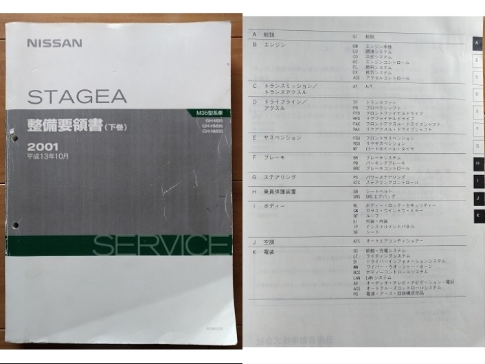 ステージア　(M35, HM35, NM35)　整備要領書　上巻＋下巻　計2冊SET　STAGEA　平成13年10月　2001年　古本・即決・送料無料　管理№ 3239