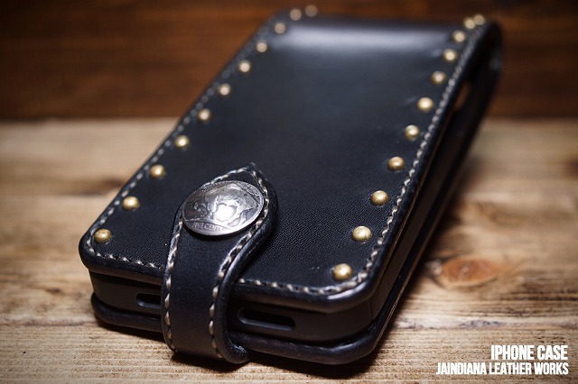  hand made / saddle leather iPhone 12proMAX case black C brass studs 