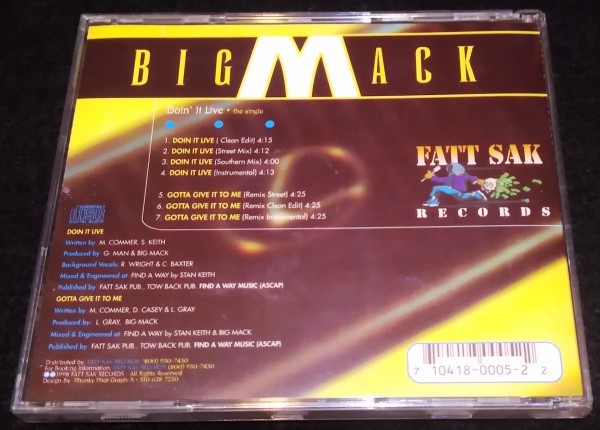 Big Mack / Doin It Live　CDS★Southern Mix　Gotta Give It To Me　G-RAP　1998US盤_画像3