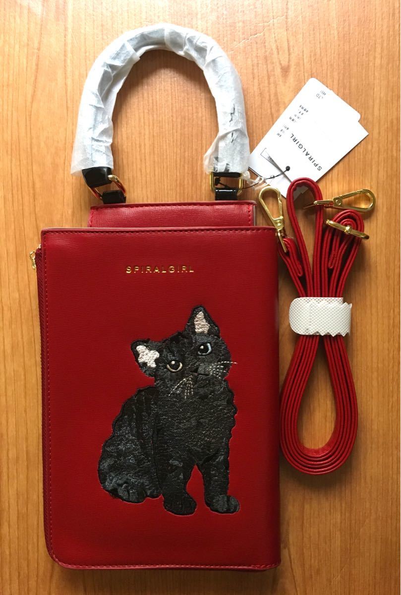 【2WAY】SPIRAL GARL スパイラルガール 猫ちゃん刺繍ミニバッグ 赤 財布 ポシェット ショルダー ハンドバッグ 鞄