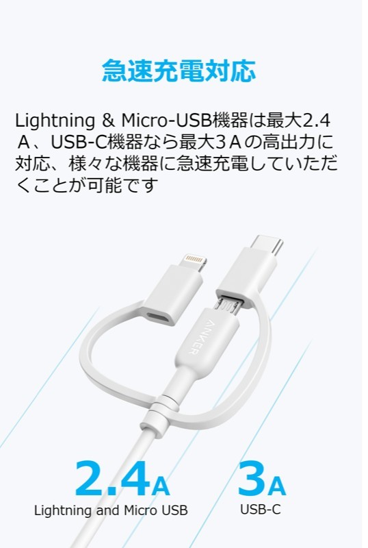 [au +1 collection SELECT] Anker PowerLine II 3-in-1 ケーブル 0.9m RS9Q001W アンカー 3in1 USBケーブル 90㎝ au スマートフォン_画像7