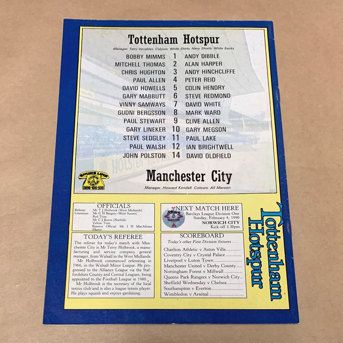 トッテナムホットスパー マッチデープログラム マンチェスターシティー戦 1990年 送料無料 Tottenham Hotspur スパーズ プレミア 貴重 レア_画像2