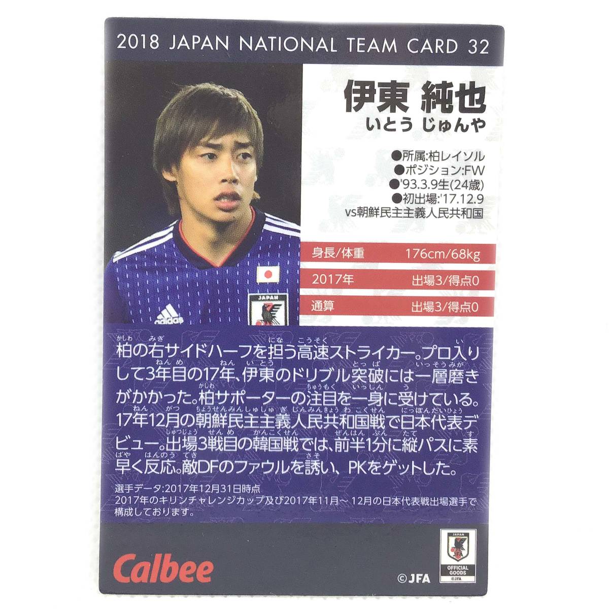 CFP【当時もの】2018 カルビー サッカー JAPAN NATIONAL TEAM CARD No.32 伊東純也 SAMURAI BLUE_画像2