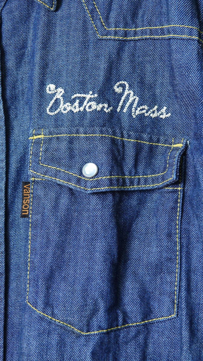 ★vansonバンソン 刺繍ワッペン加工長袖デニムシャツ 古着ユーズド男性メンズM青ブルーバイカーライダーストップスジャケットバイク_画像4