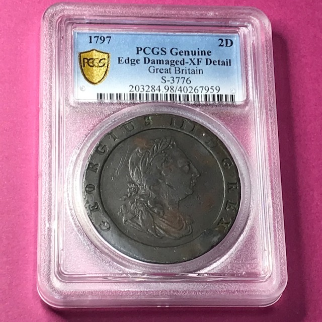 めにご】 ☆1797 イギリス 2ペンス銅貨 ジョージ３世 車輪銭 PCGS XF