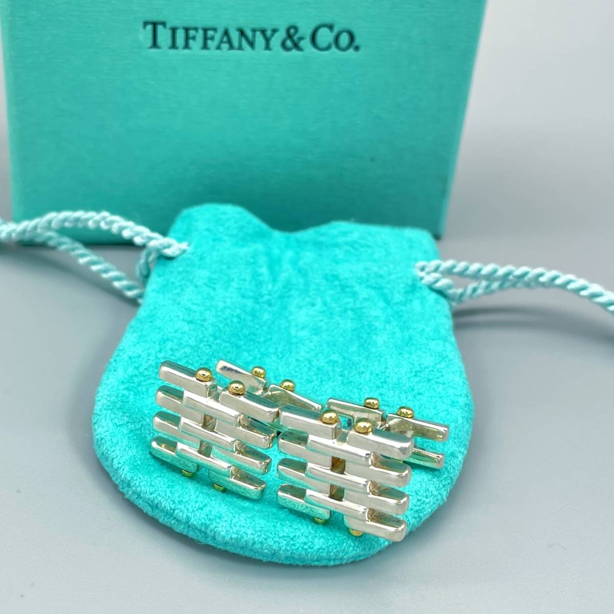 希少 美品 Tiffany&Co. ティファニー ゴールド シルバー コンビ ゲート カフス リンクス メンズ SV925 750 K18 スーツ uu31