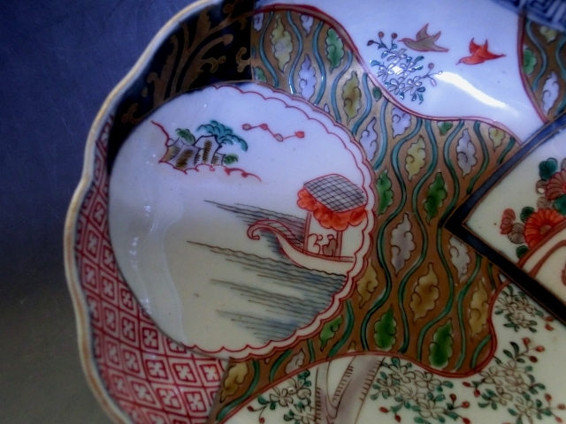 皿□冨貴長春 なます皿 蛇の目高台 窓絵花鳥紋 8客 伊万里古い膾鉢 古