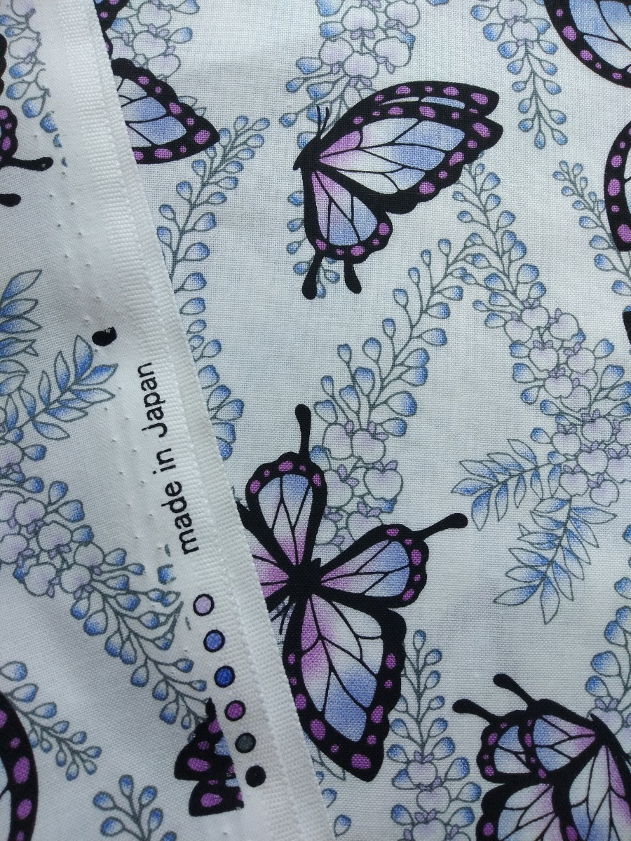 国産 藤の花と蝶 生地110ｘ50cm 2枚セット胡蝶しのぶカナヲきめつ柄 綿100%布 はぎれ