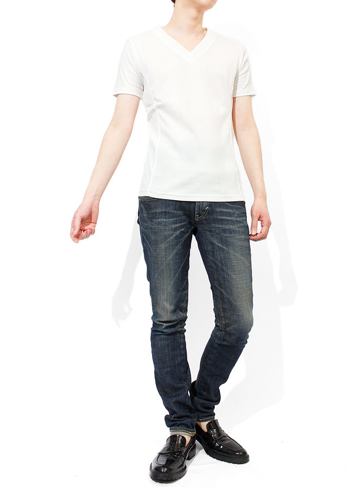 【新品】 M ホワイト(半袖) Tシャツ メンズ 大きいサイズ 小さいサイズ Vネック 半袖 無地 テレコ素材 ストレッチ カットソー_画像3