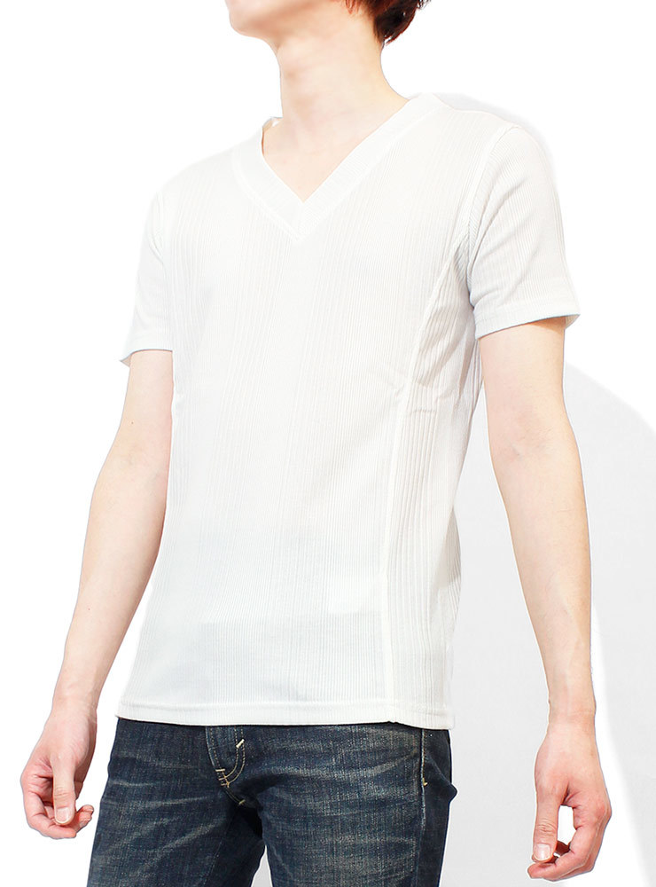 【新品】 M ホワイト(半袖) Tシャツ メンズ 大きいサイズ 小さいサイズ Vネック 半袖 無地 テレコ素材 ストレッチ カットソー_画像1