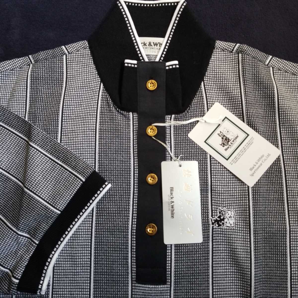 Black&Whiteブラック&ホワイト/レディース半袖ハイネックポロシャツ/ブラックMサイズ/定価￥20900(19000+税)/快適ドライ(吸汗速乾)日本製