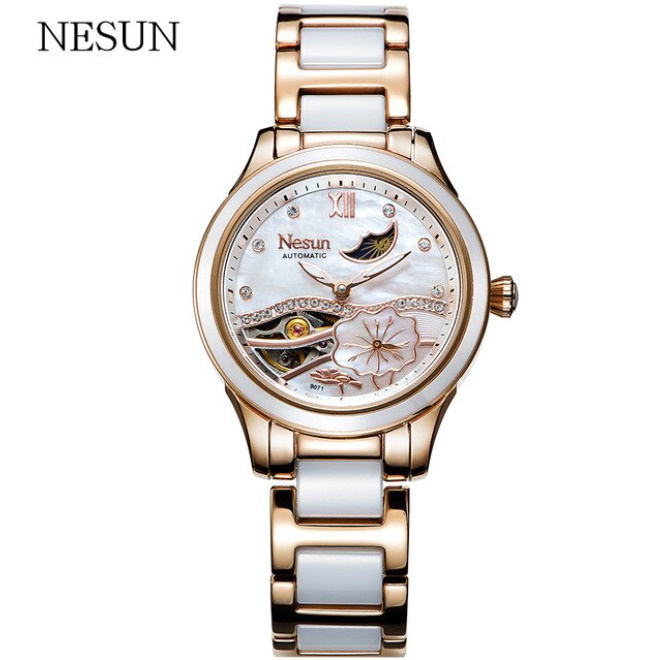Nesunファッション女性自動機械式腕時計トップの高級ブランドムーンフェイズ時計防水女性カジュアルセラミック腕時計