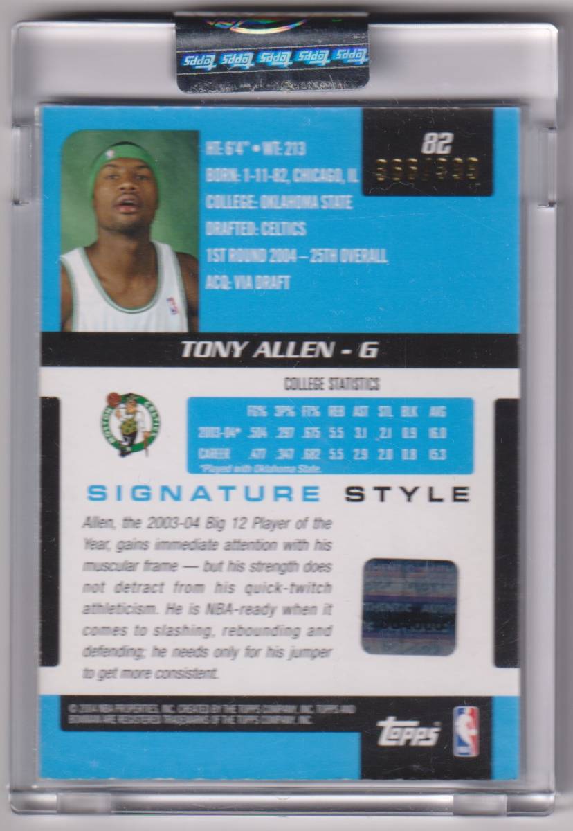 NBA TONY ALLEN Jersey AUTO 2004-05 Topps Bowman SignatureEdition BASKETBALL ROOKIE CARD /399 枚限定 トニー アレン 直筆 サイン_画像3