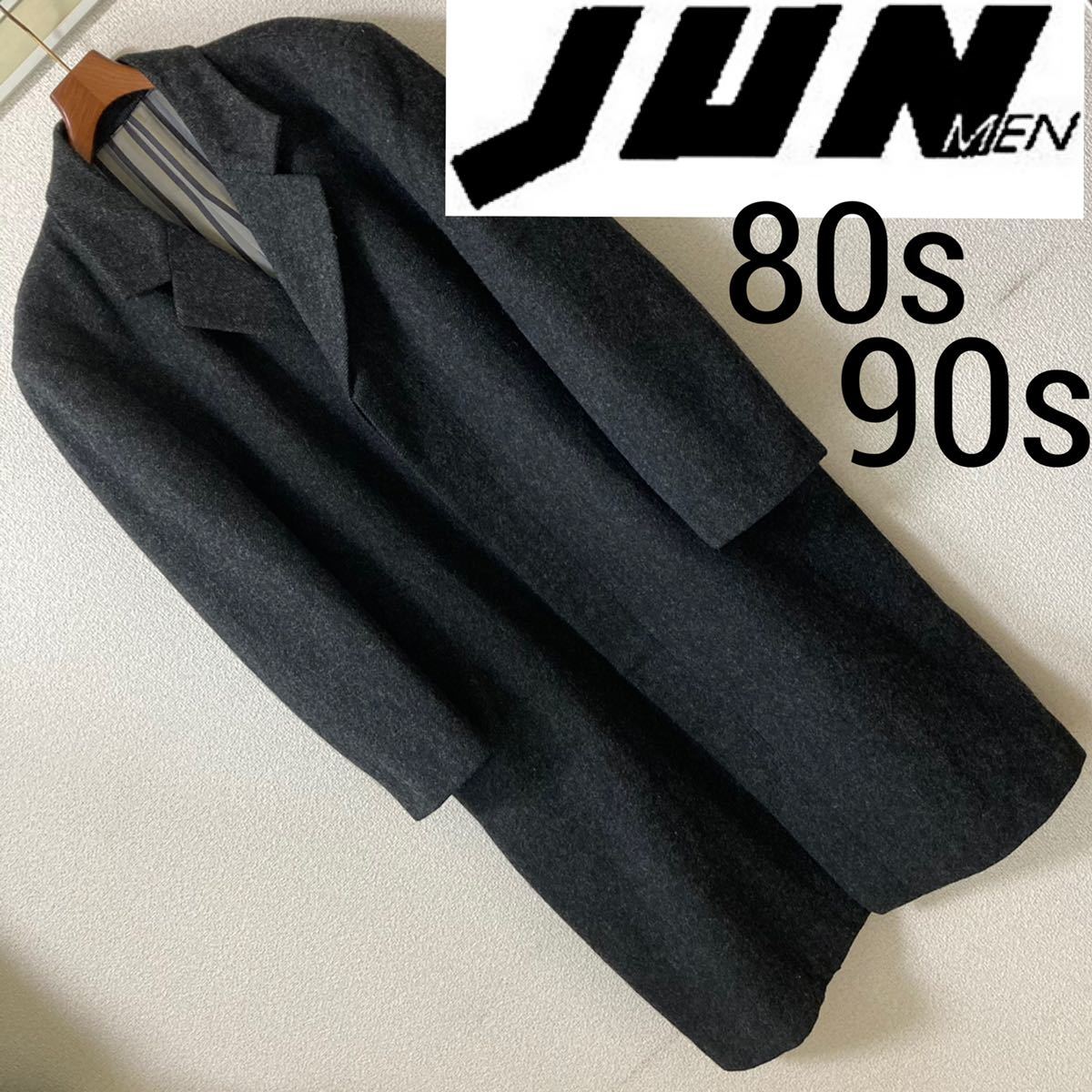 80s 90s◆JUN MEN ジュンメン◆ヴィンテージツイードチェスターコート M チャコールグレー オールド 80年代 90年代_画像1