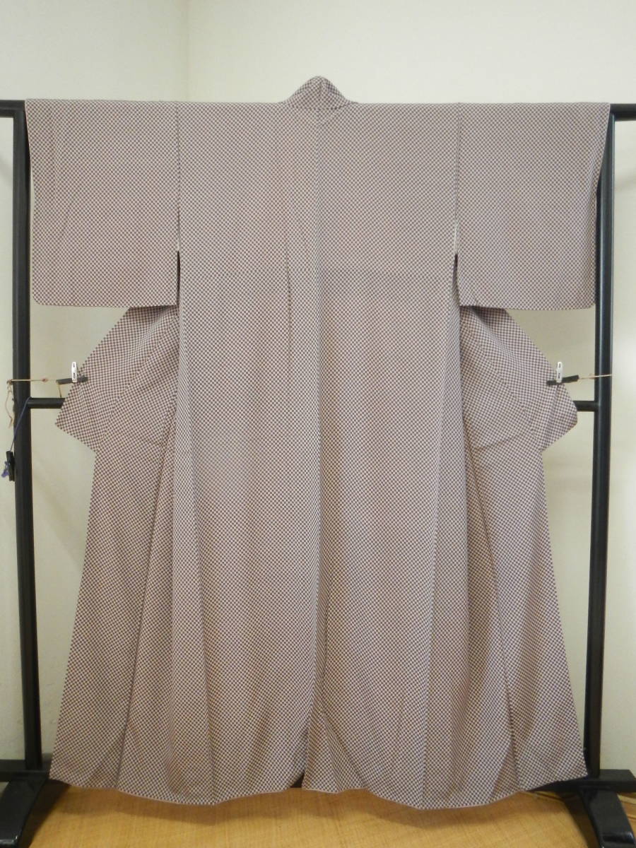 ＜銀の斧＞正絹・小さな市松の小紋袷着物・薄紫色系・5mm市松・すっきり