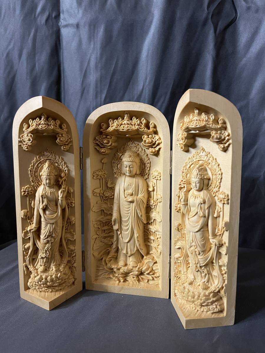 大型高仏教工芸品檜材製極上彫木彫仏像阿弥陀如来三尊図日本代购,买对网