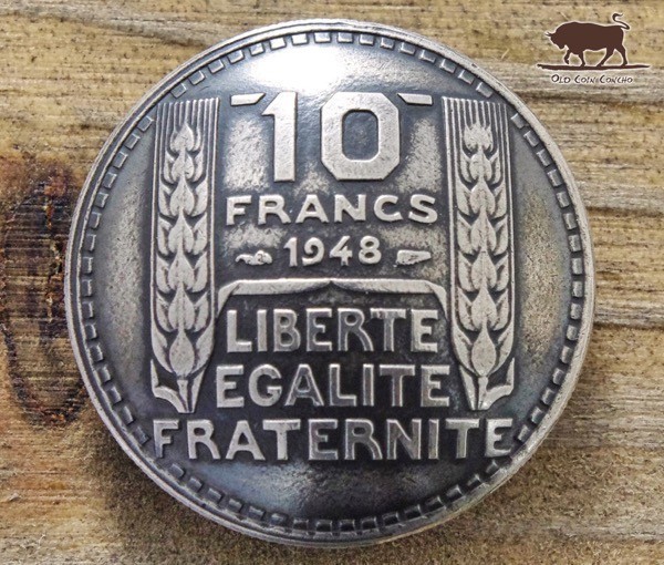 ＊コンチョ ネジ式　フランス　10フラン　植物　穀物　26mm　ネジ ボタン コイン パーツ_画像1
