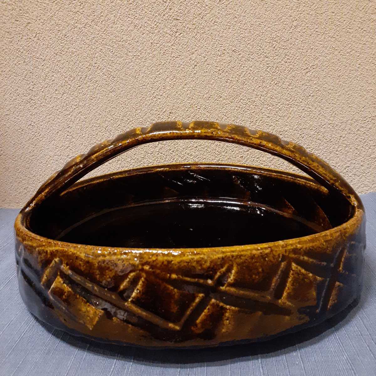 菓子器 民藝 手付き 作家物 銘あり 約26cm×25cm×11cm_画像1