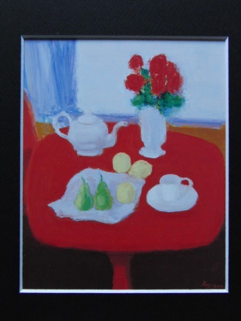 柴田賢治郎、【赤いテーブルの静物】、希少な額装用画集より、新品額装付、状態良好、送料込み_画像3