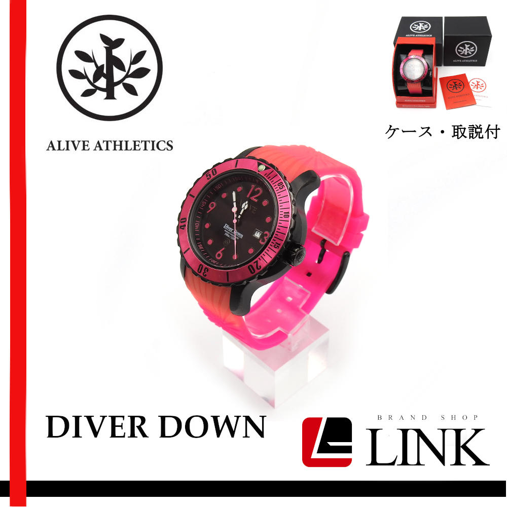 レア【稼働確認済み】ALIVE ATHLETICS(アライブ アスレティックス) DIVER DOWN メンズ　ウォッチ　腕時計　ピンク×ブラック クオーツ