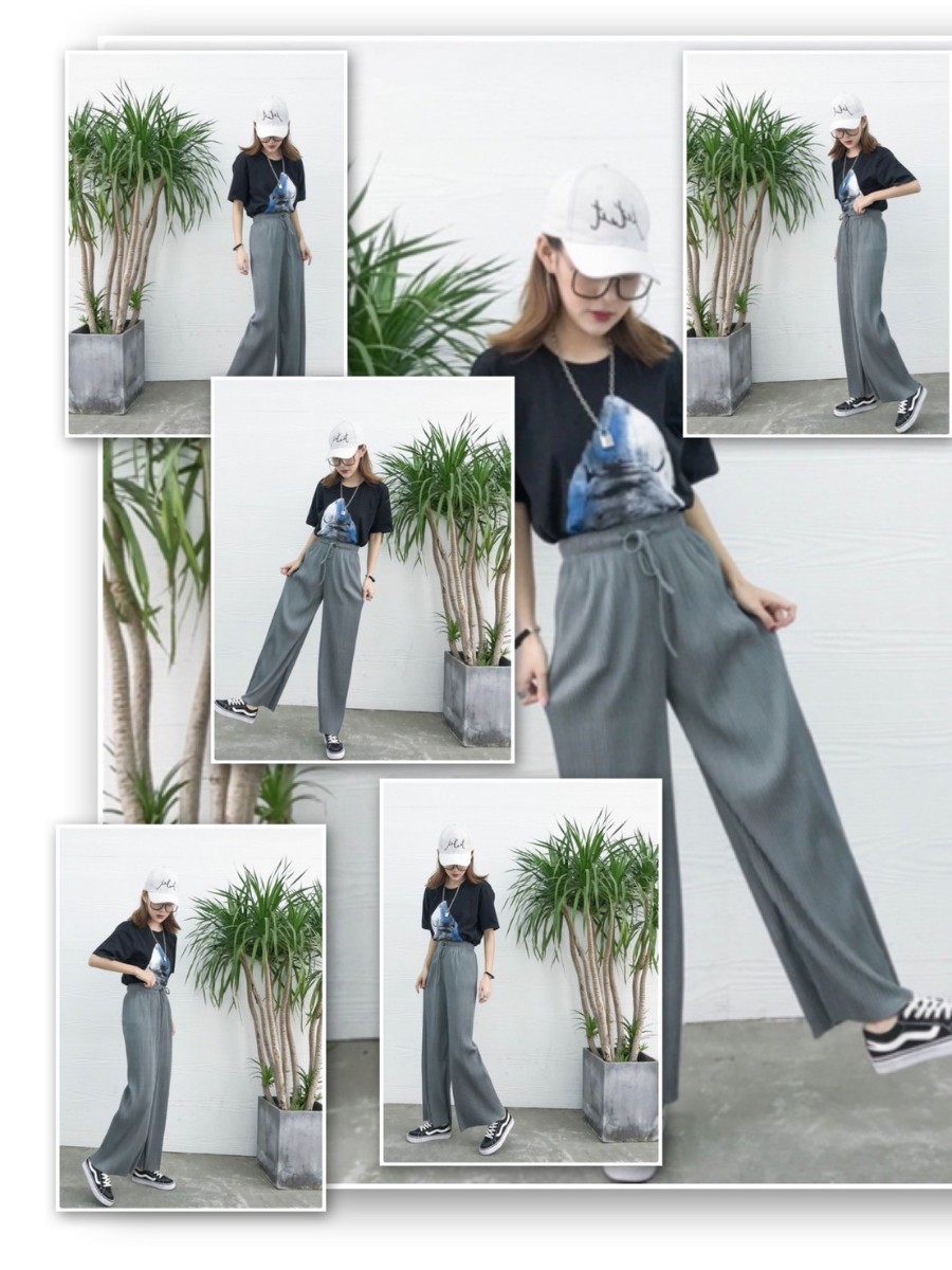 プリーツパンツ 【人気】レディース リブ ワイドパンツ グレー プリーツパンツ 【人気】レディース リブ ワイドパンツ グレー