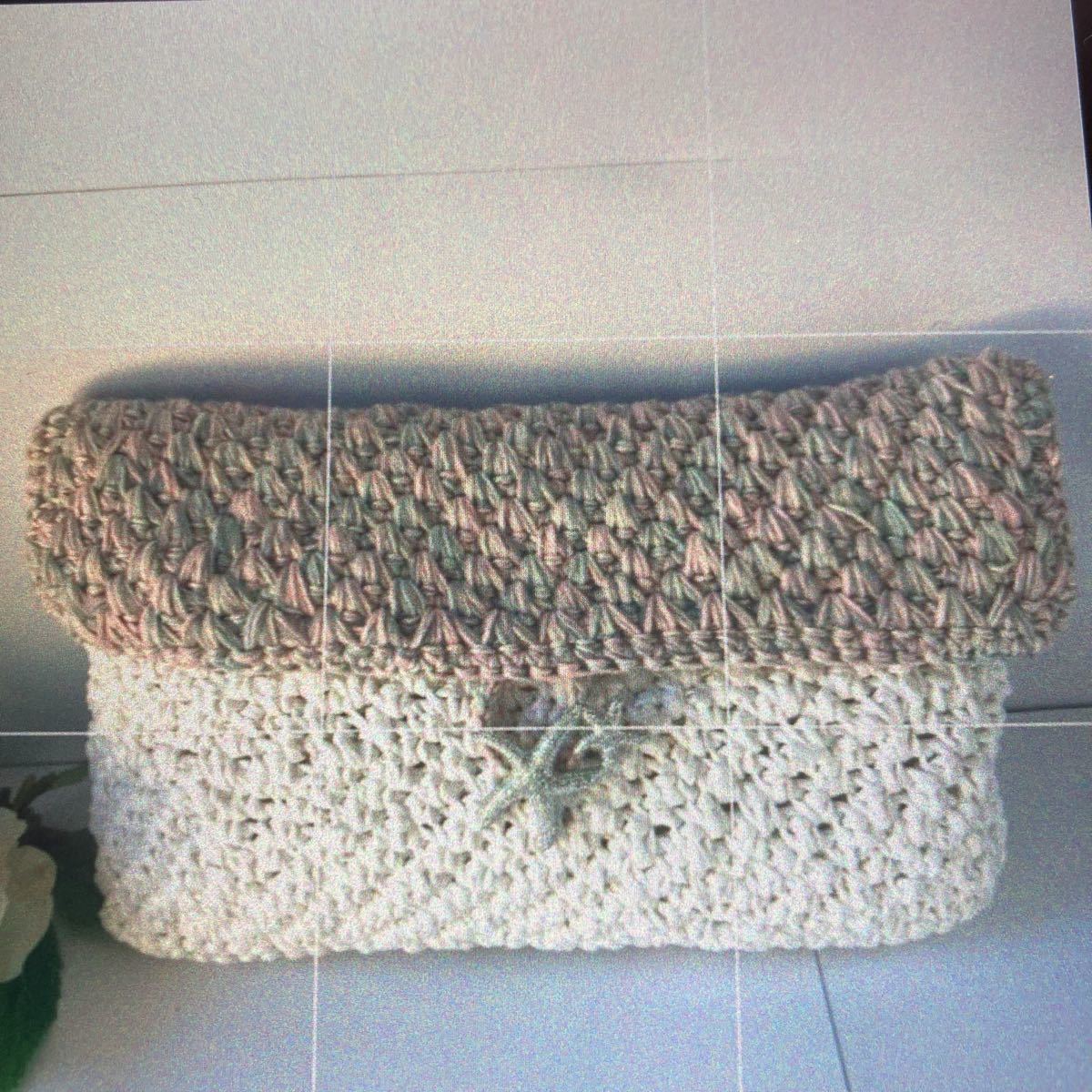  hand-knitted clutch bag straw ya-n white x pink series . price cut 3000 jpy -2600 jpy 