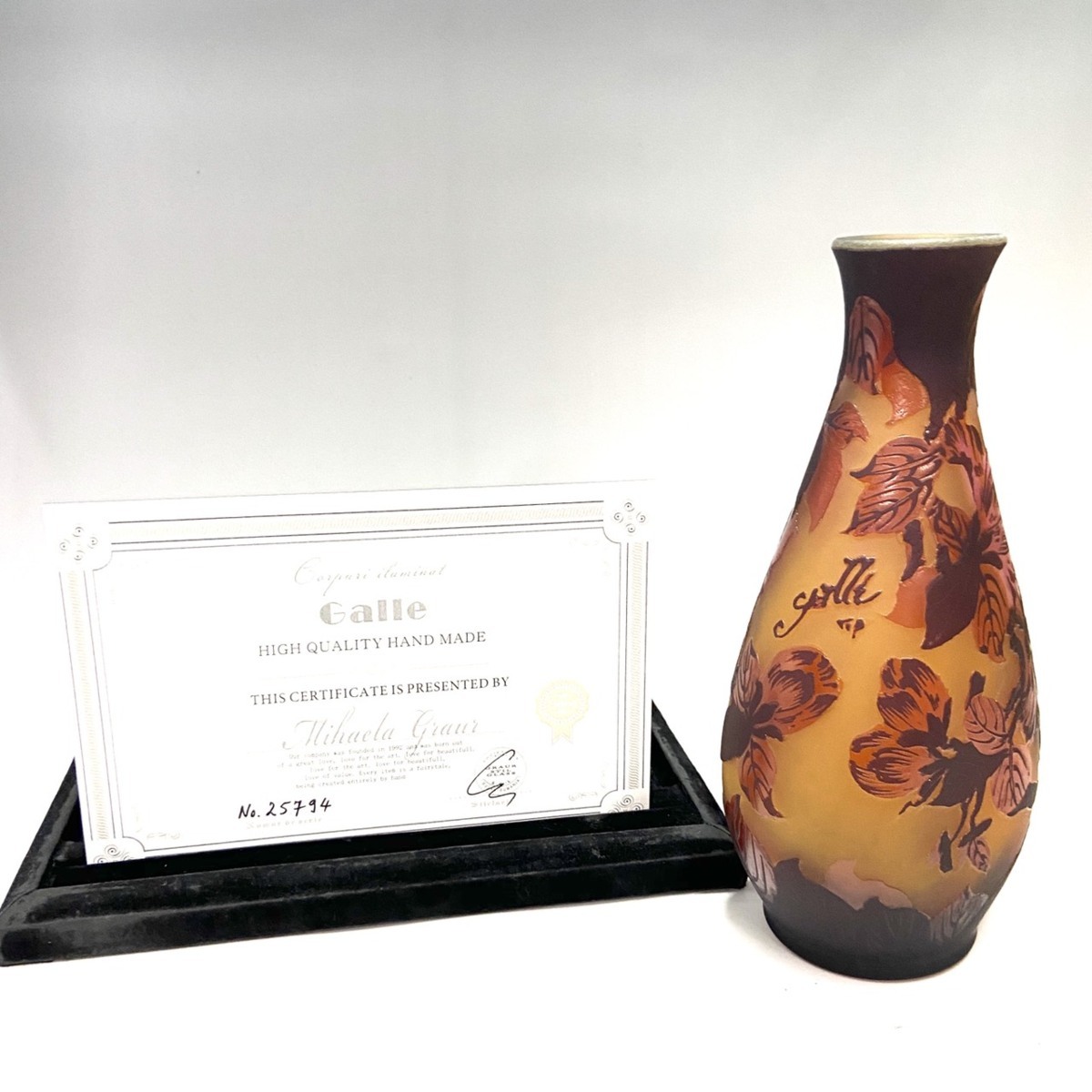 ☆【証明書】　 　エミール・ガレ 大　花瓶　花器　 技法　カメオ彫り　被せガラス　M-928　高さ　24cm_画像2