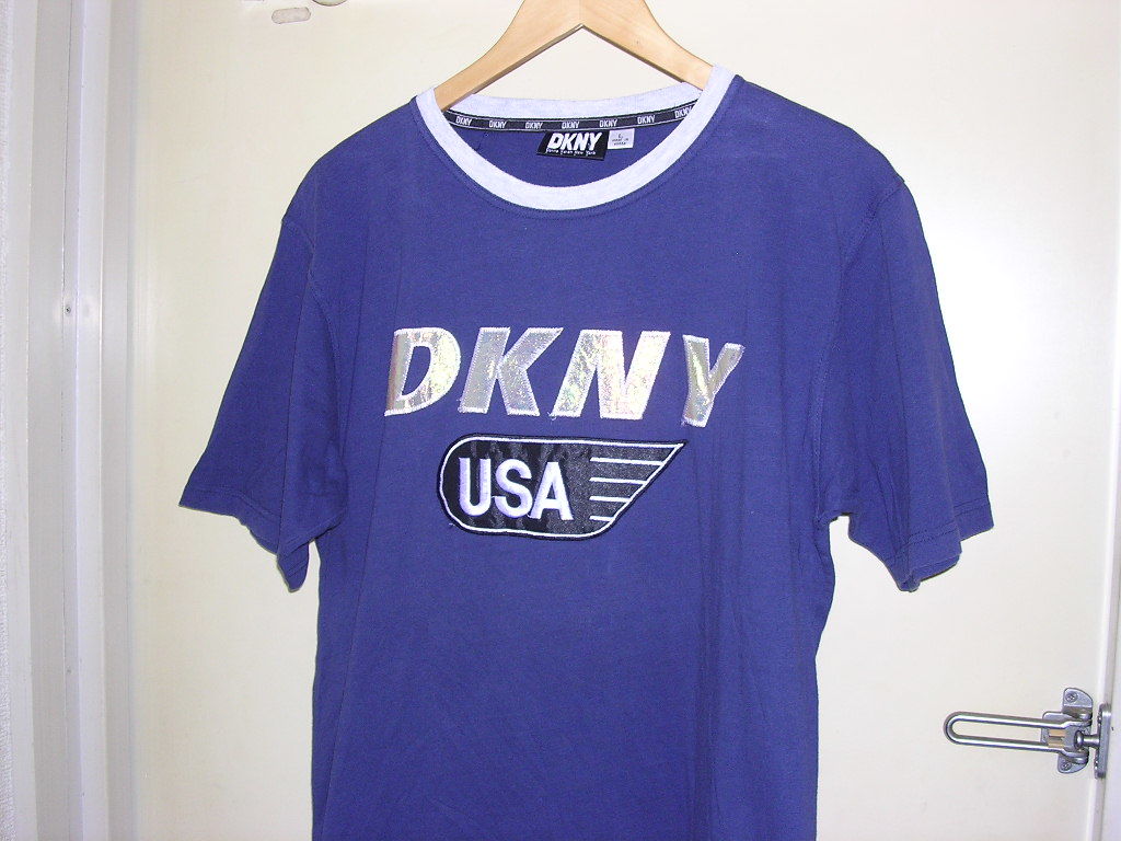 90s ダナキャラン DKNY USA ラメ デカロゴ Tシャツ L ネイビー vintage old_画像1