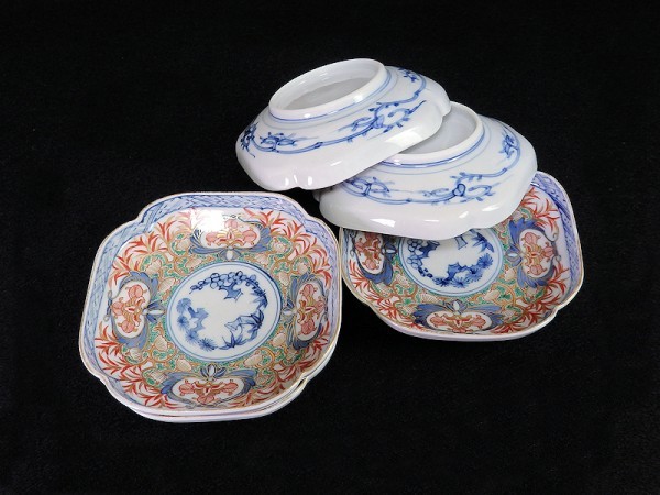 fbbi-C688mS 大聖寺伊万里 金襴手 松竹梅に草花紋の図 縁高四方角皿 5