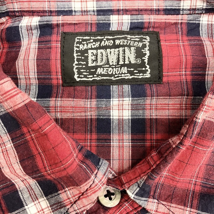 EDWIN エドウィン M メンズ 若干薄手 半袖チェックシャツ ウエスタン 両胸ポケット 服 綿100% レッド×ネイビー×ホワイト 赤×紺×白_画像3