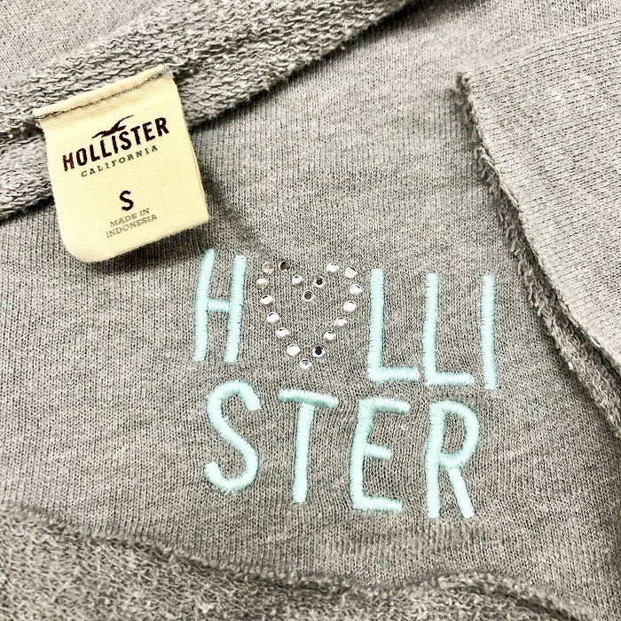 HOLLISTER Hollister lady's sweatshirt long sleeve T shirt cut and sewn reverse side wool cut off Heart. rhinestone cotton × poly- . gray 