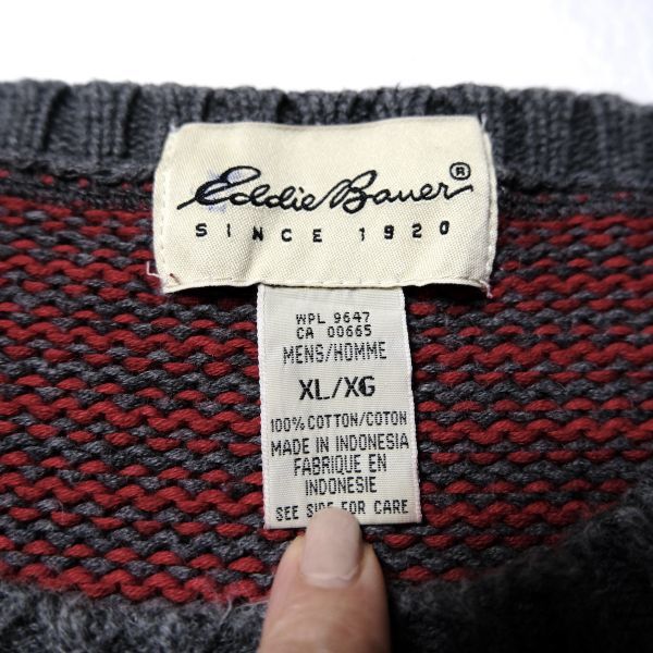 90\'s Eddie Bauer окантовка вырез лодочкой хлопок вязаный свитер (XL) пепел x красный 90 годы старый бирка Old Eddie Bauer