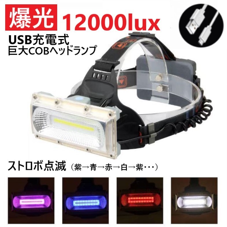 【２個セット】爆光１２０００ｌux USB充電式・巨大COB LED ヘッドライト　ヘッドランプ　ヘルメットクリップ付き