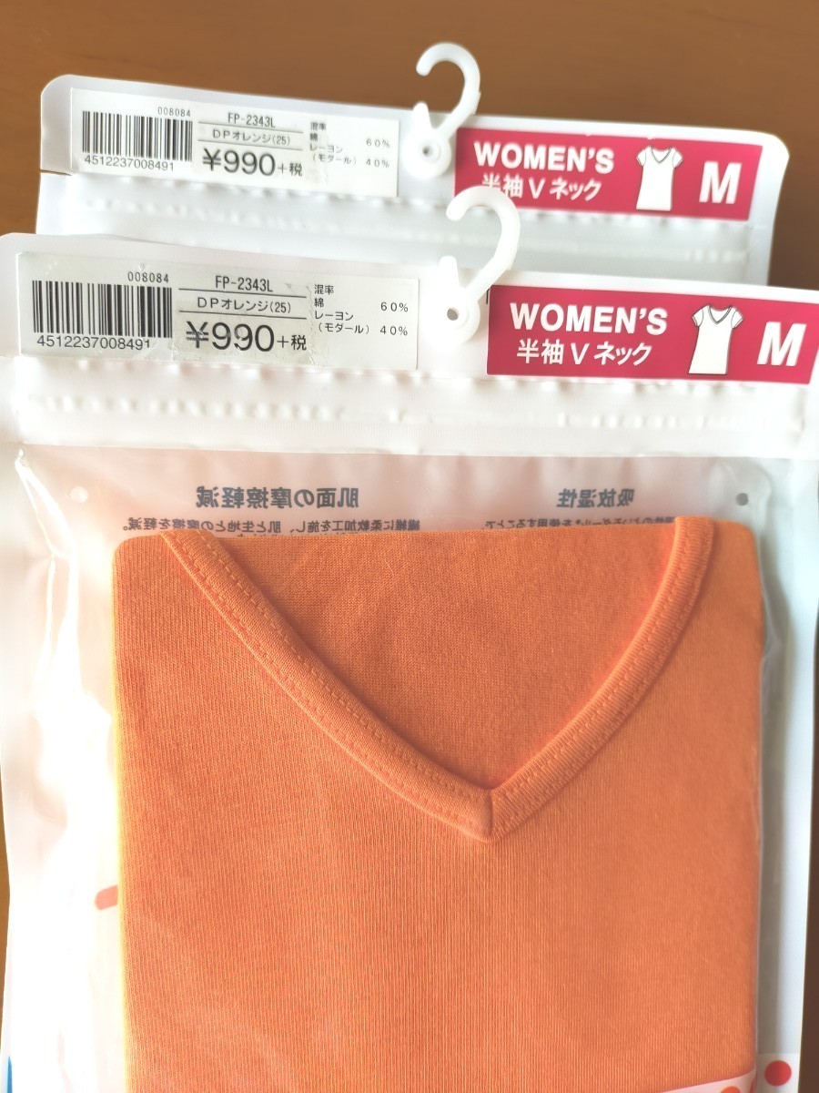 新品 未使用 Mサイズ レディース 半袖Vネックシャツ 2枚セット 定価2178円 ウーマン半袖シャツ オレンジシャツ