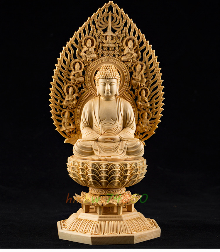 極上品 仏教美術 阿弥陀如来（ブッダ・アミターバ）ヒノキ檜木 精密彫刻 木彫仏像 高さ28ｃｍ 収納ケース付属