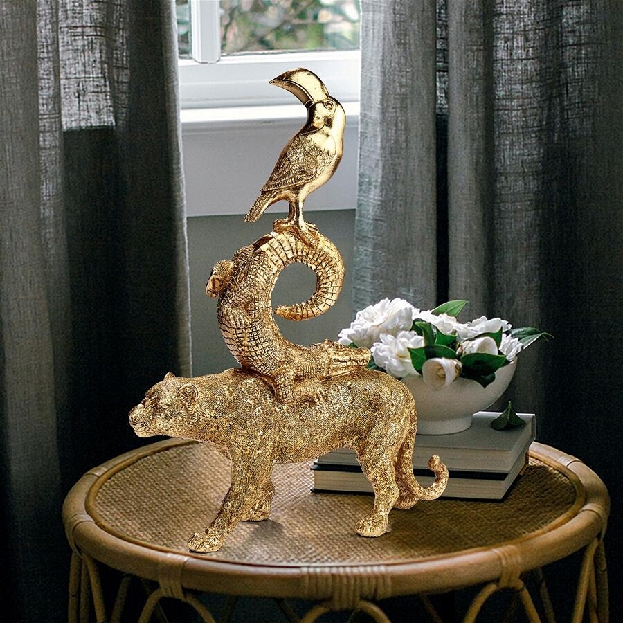 組体操のようなチーター・ワニ・オオハシ　インテリア置物ゴールド仕上げアニマルオブジェホームデコ装飾品調度品飾り小物動物彫刻芸術的