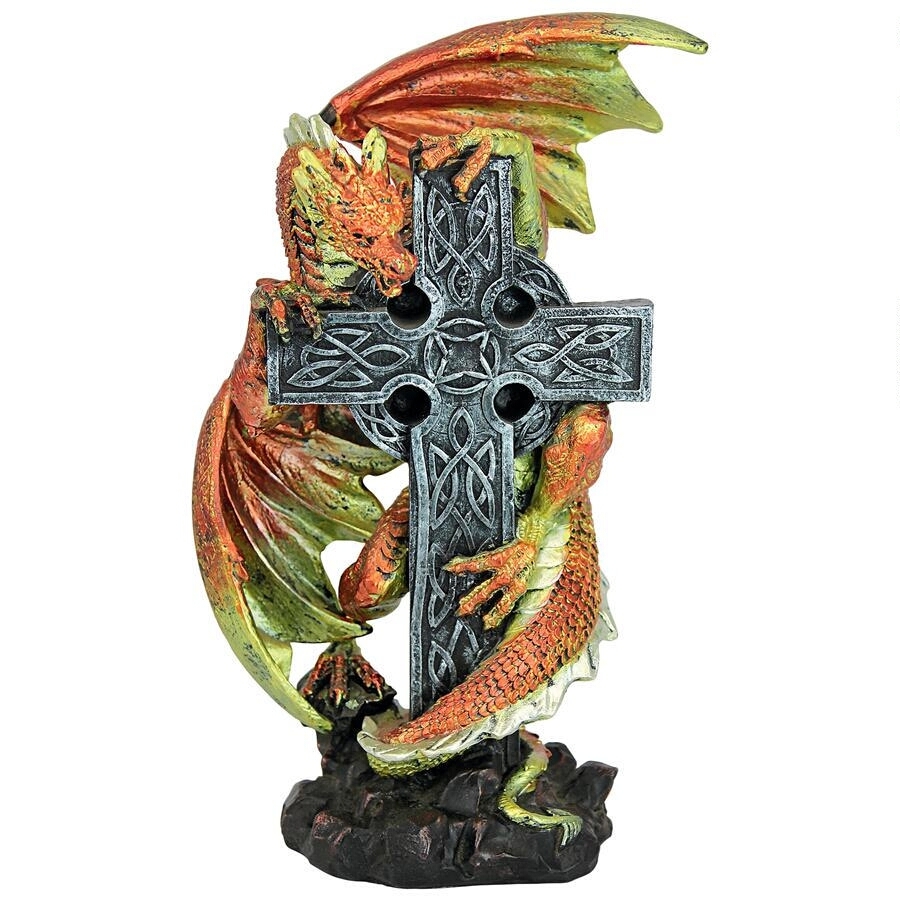ケルト十字架にしがみつくドラゴン像　インテリア置物アイルランド神話ファンタジー竜ドラゴンモンスター雑貨飾り小物幻想的ホームデコ装飾