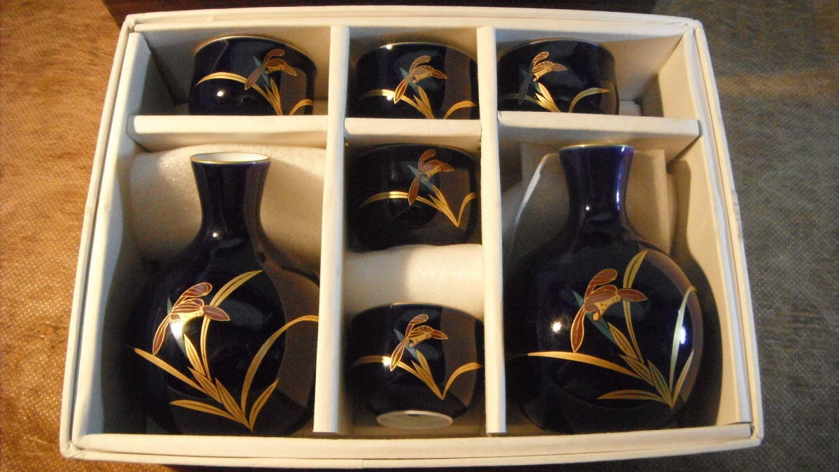 オールド香蘭社 瑠璃 蘭 徳利 2個 盃 5個 酒器セット 金彩の画像6