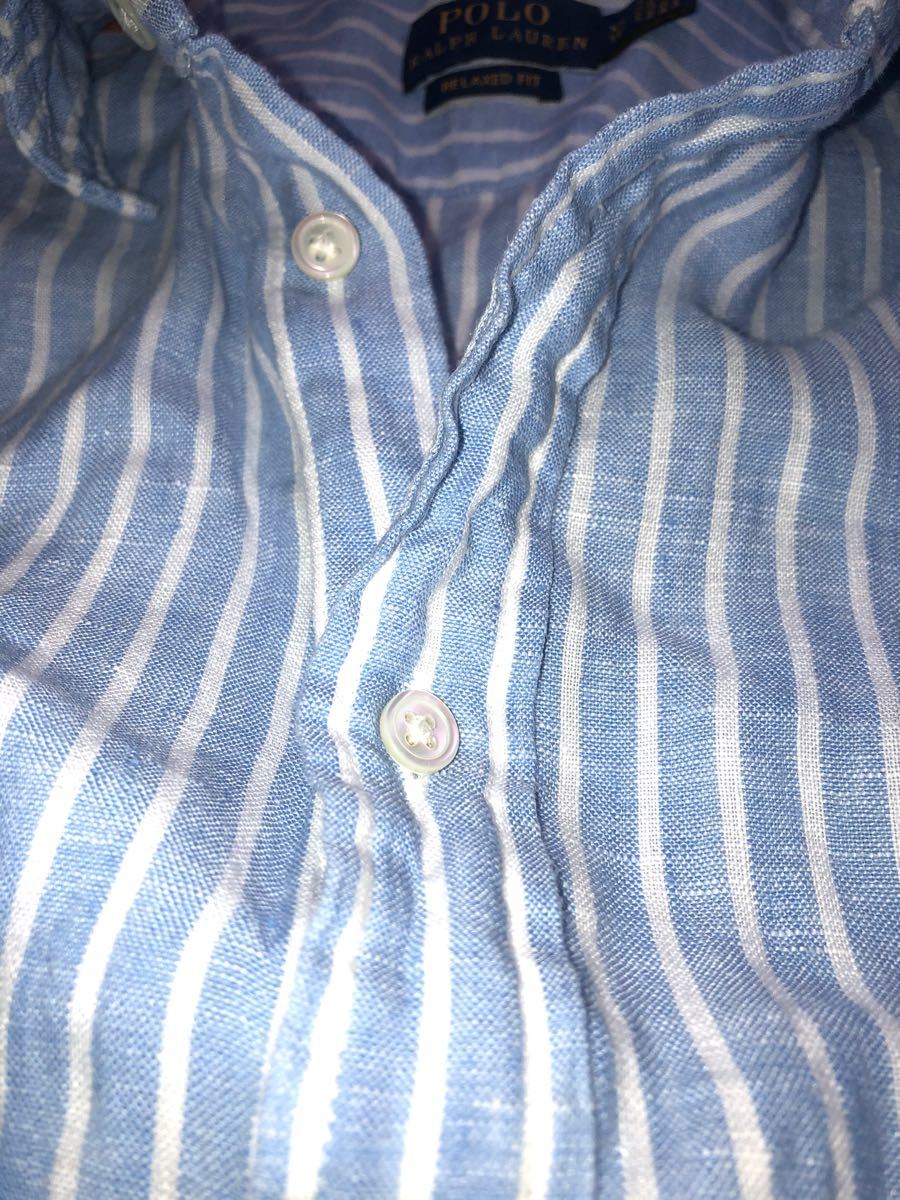 ポロラルフローレン、リネンシャツ。薄いブルーに白ボーダー柄。着心地の良いサラッとした細身のシャツです。お色は4枚目が一番近いです。
