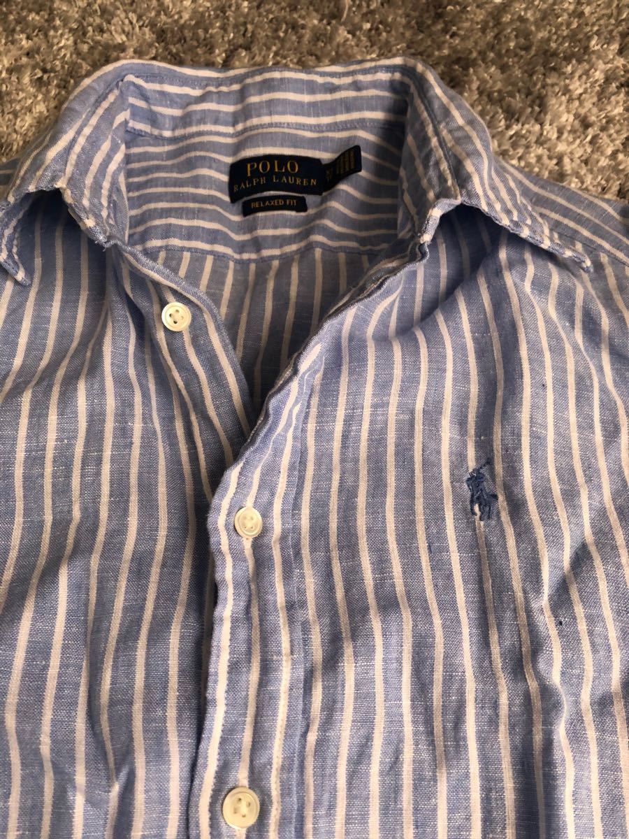 ポロラルフローレン、リネンシャツ。薄いブルーに白ボーダー柄。着心地の良いサラッとした細身のシャツです。お色は4枚目が一番近いです。