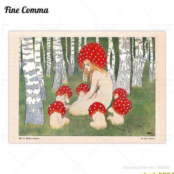 P1041: child . hold . mushrooms Vintage art print poster forest antique canvas print picture 