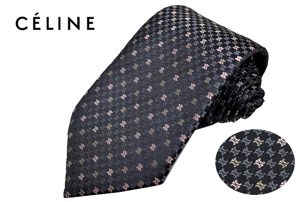 N-2068* free shipping * super-beauty goods *CELINE Celine * regular goods Italy made navy navy blue color Logo total pattern weave cloth silk necktie 