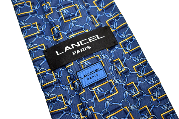 N-2080★送料無料★LANCEL PARIS ランセル パリ HAND MADE★フランス製 レトロ ヴィンテージ ブルー青色 チェーン柄 シルクネクタイ_画像5