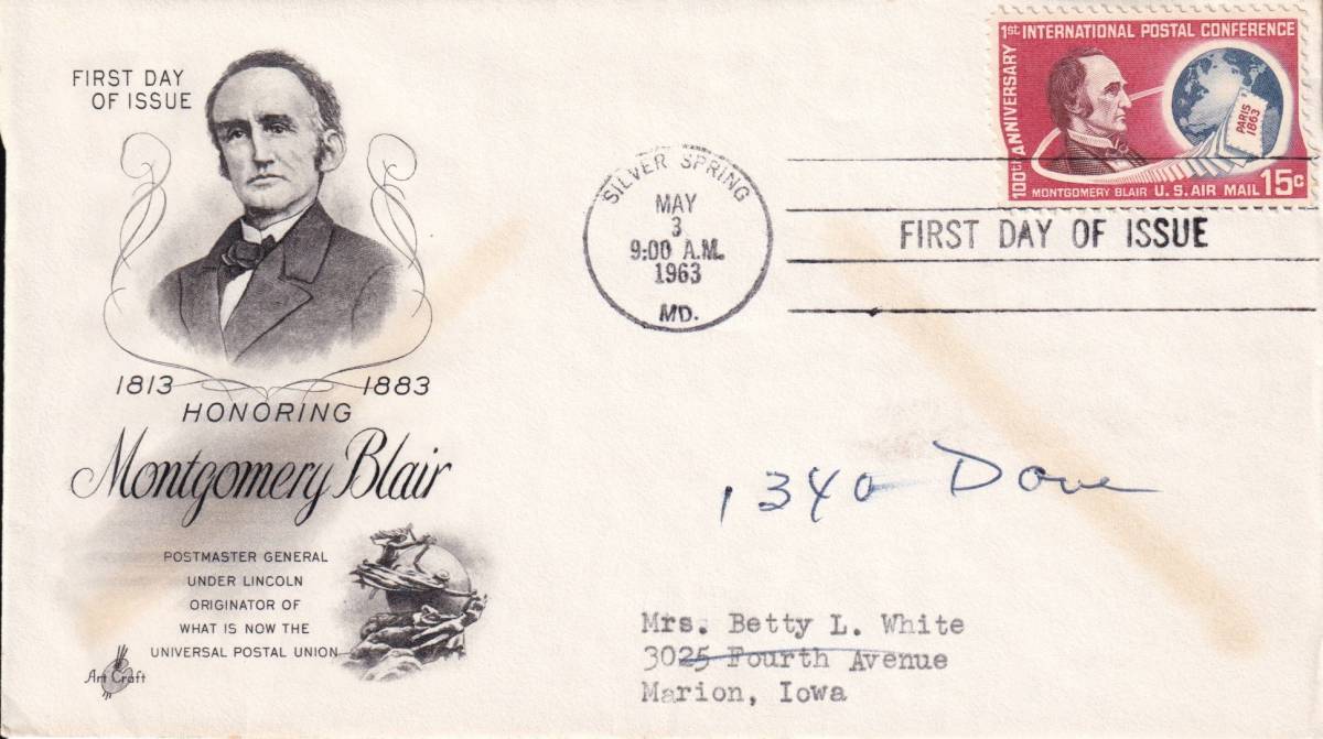 【ＦＤＣ】エアーメール切手：国際郵便会議１００年、モンゴメリー・ブレア（２）（１９６３年）（アメリカ）実逓　t2265_画像1