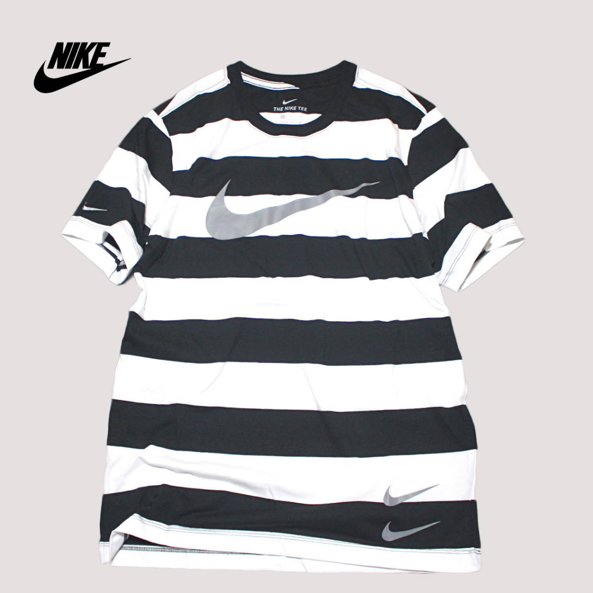 【新品】ナイキ スウッシュ ストライプ 半袖 Tシャツ【100：白／黒】M NIKE NSW トレ ジム コットン T ボーダー 自宅 部屋着_画像1